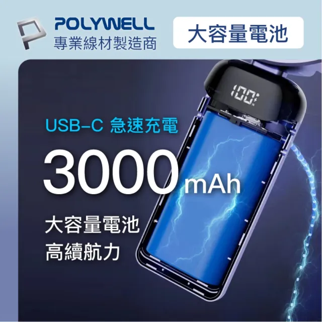 【POLYWELL】迷你手持式USB充電風扇(數位電源顯示 可隨身攜帶)