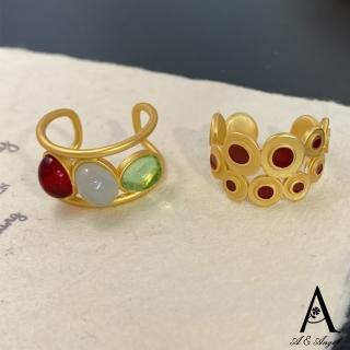 【ANGEL】橢圓仿寶石鏤空寬版花紋開口彈性戒指(2色可選)