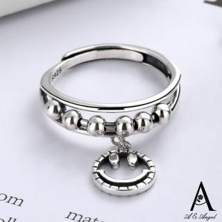【ANGEL】微笑串珠掛牌設計風開口彈性戒指(銀色)