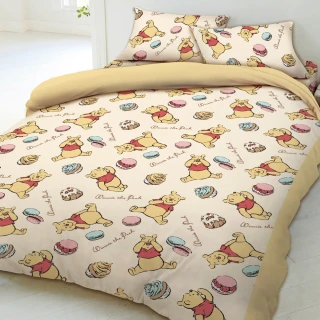 【戀家小舖】100%精梳棉枕套兩用被床包四件組-雙人(迪士尼小熊維尼 甜點馬卡龍)
