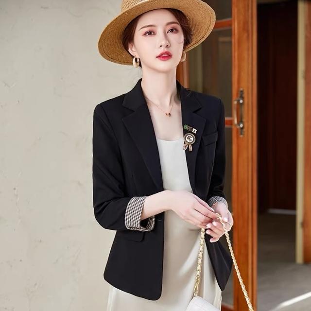 【米蘭精品】西裝外套休閒西服(格紋袖口短款修身女外套2色74co32)