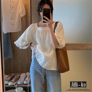 【JILLI-KO】夏季新款方領薄款寬鬆泡泡袖上衣-F(白)