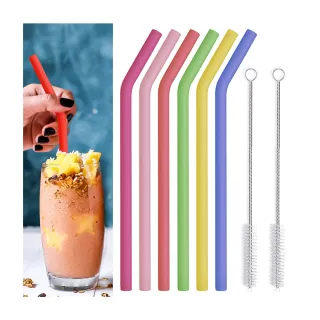 【AHOYE】矽膠吸管套裝 吸管x6+清潔刷x2(環保吸管)