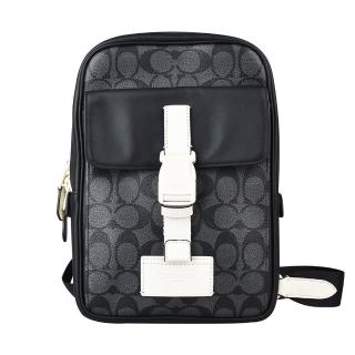 【COACH】COACH TRACK PACK皮標LOGO PVC+牛皮飾邊拉鍊胸掛包(黑x炭灰x白)