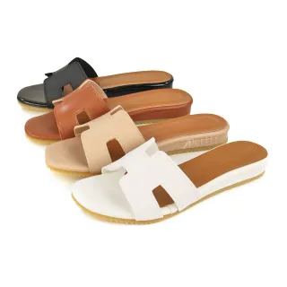 【Pretty】台灣製時髦方頭H型簡約舒適平底拖鞋(咖啡、白色、米色、黑色)