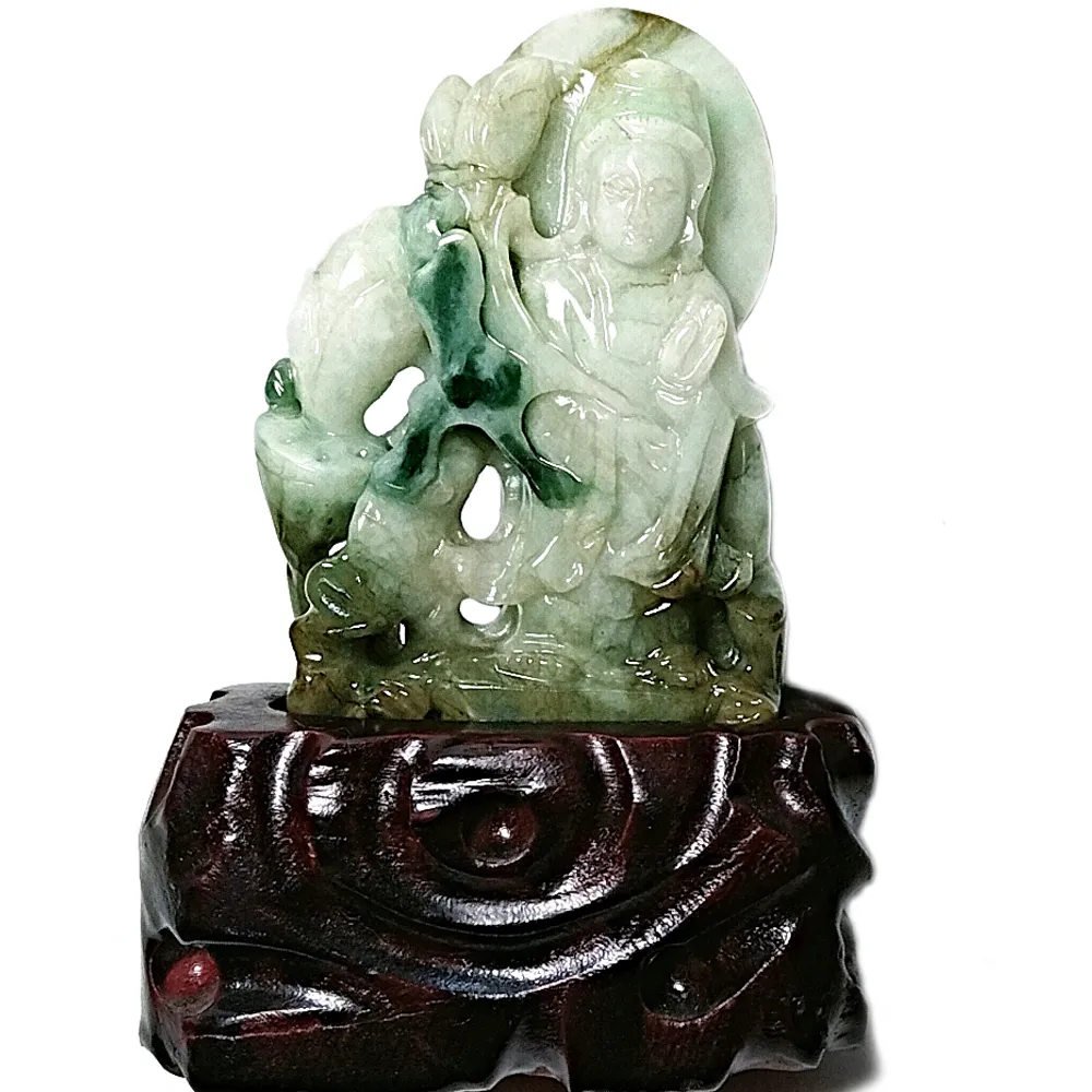 翡翠彫刻如意桃金銭布袋様ペンダント{整理番号:D72} 紅運當家】頂級
