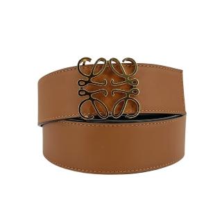 【LOEWE 羅威】Anagram 金logo小牛皮雙麵皮帶/腰帶-4cm(咖)