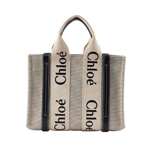 【Chloe’ 蔻依】Woody 經典品牌LOGO織帶個性帆布手提兩用包(藍邊/小號)