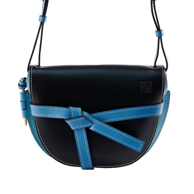 【LOEWE 羅威】Gate SMALL BAG撞色滑面牛皮翻蓋斜背馬鞍包(黑/水藍)