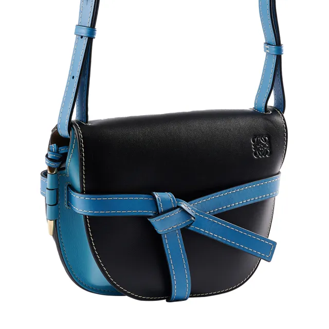 【LOEWE 羅威】Gate SMALL BAG撞色滑面牛皮翻蓋斜背馬鞍包(黑/水藍)