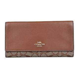 【COACH】COACH金字LOGO提花PVC拼接牛皮13卡壓釦式三折長夾(卡其x棕)