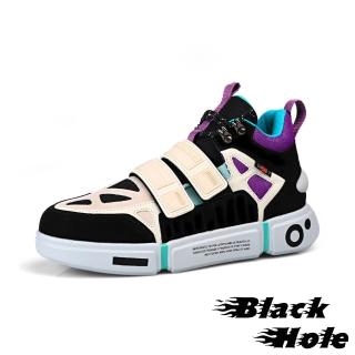【Black Hole】厚底運動鞋/街頭潮流個性色塊拼貼魔鬼粘厚底休閒運動鞋-男鞋(卡其)