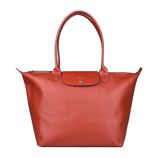 【LONGCHAMP】LONGCHAMP LE PLIAGE CITY壓印LOGO水波紋PVC拉鍊長提把肩背包(大/赤褐)