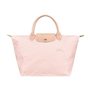 【LONGCHAMP】LONGCHAMP LE PLIAGE GREEN刺繡LOGO再生尼龍摺疊款短把拉鍊手提包(中/粉x粉)