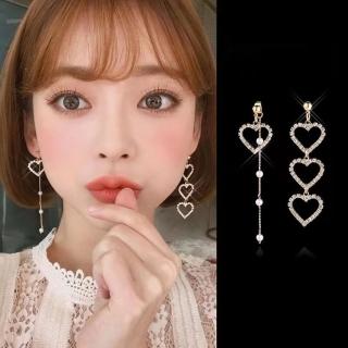 【Emi 艾迷】甜美愛心鋯石珍珠垂墜不對稱925銀針耳環