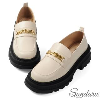 【SANDARU 山打努】樂福鞋 韓系方頭金屬鍊厚底樂福鞋(米)