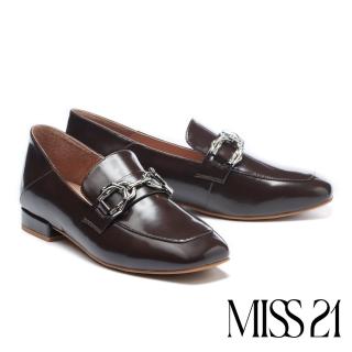 【MISS 21】復古雙重金屬馬銜釦開邊珠方頭樂福低跟鞋(咖)