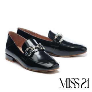【MISS 21】復古雙重金屬馬銜釦開邊珠方頭樂福低跟鞋(黑)