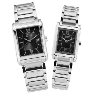 【CITIZEN 星辰】光動能 復古方型 羅馬刻度 不鏽鋼手錶 情人對錶 黑色 26mm+18mm(FRA59-2431.FRA36-2431)