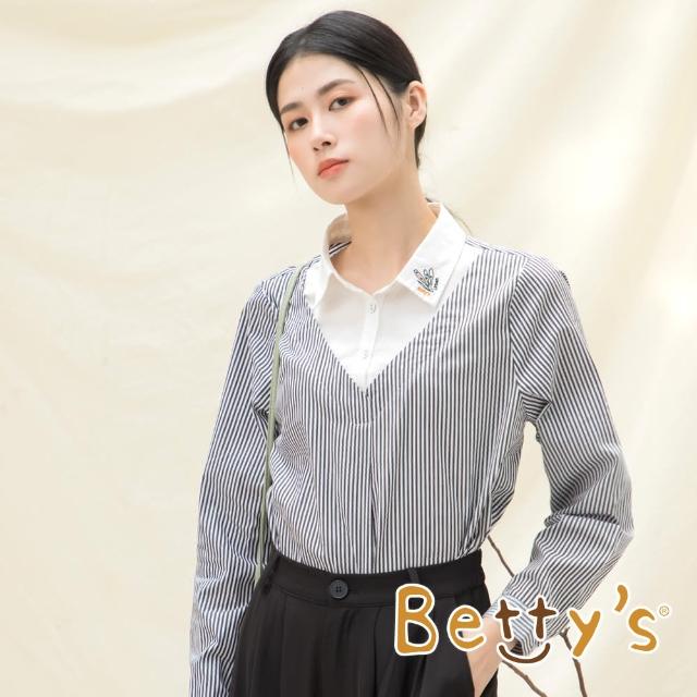 【betty’s 貝蒂思】細條紋繡花領假兩件上衣(黑色)