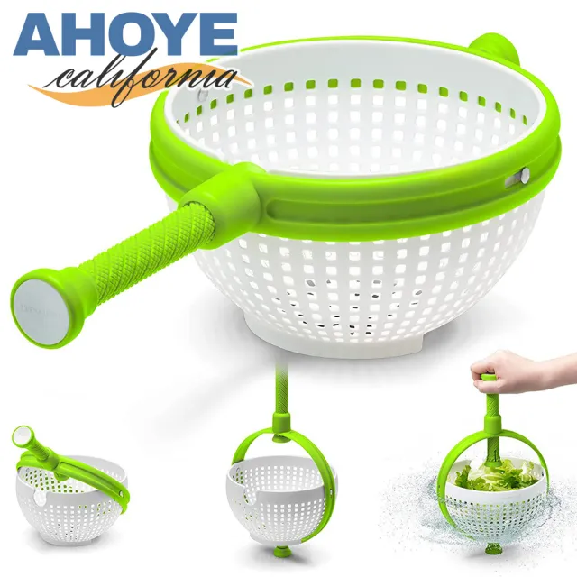 【AHOYE】按壓旋轉蔬菜脫水器(瀝水器 瀝水籃)