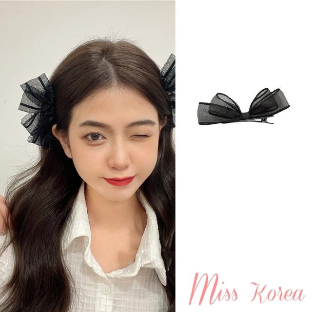 【MISS KOREA】韓國設計浪漫網紗立體黑色蝴蝶結髮夾 邊夾2件組(立體髮夾 黑色髮夾 蝴蝶結髮夾)