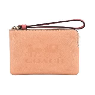 【COACH】COACH壓印大馬車LOGO牛皮拼色拉鍊手拿包(蜜桃粉)