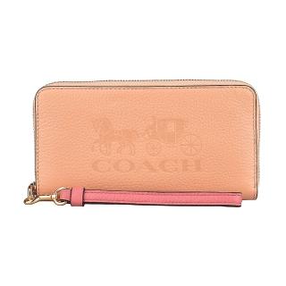 【COACH】COACH壓印大馬車LOGO牛皮12卡拉鍊手拿長夾(蜜桃粉)