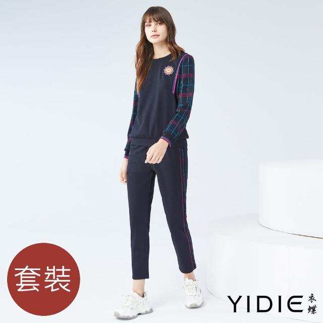 【YIDIE 衣蝶】圓領異材質拼接格紋九分褲套裝-深藍(上下身分開販售)