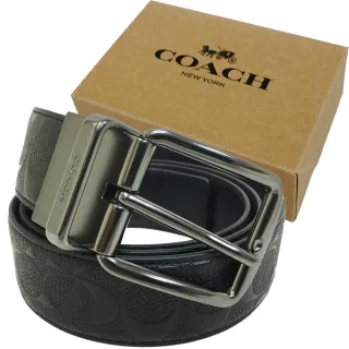 【COACH】浮雕C LOGO男款寬版皮帶禮盒(黑)