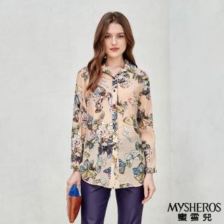 【MYSHEROS 蜜雪兒】長版開襟襯衫 翻領排釦設計 滿版蝴蝶印花(梨/駝)