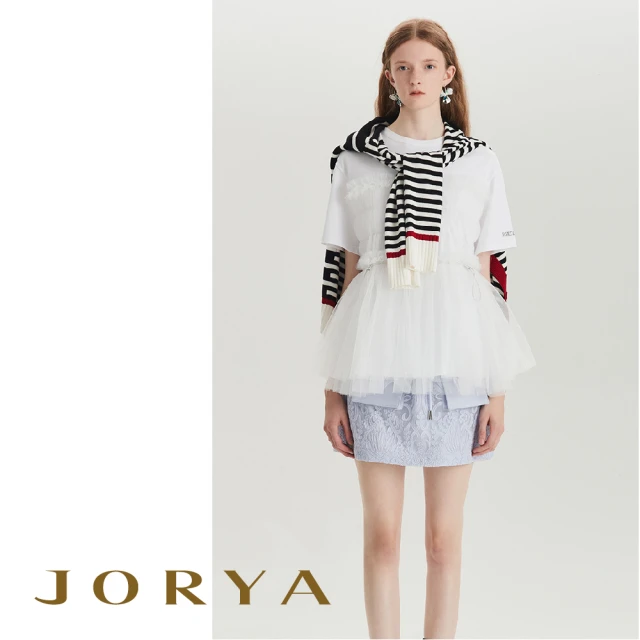 JORYA M1005204品牌水鑽字母抽繩網紗短袖上衣