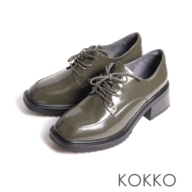 【KOKKO 集團】英倫風亮皮微寬楦綁帶厚底鞋(墨綠色)