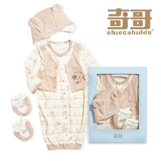 【奇哥】Chic a Bon 動物好朋友假兩件妙妙裝/連身衣3件組禮盒 3-6個月(妙妙裝+帽子+腳套 彌月禮)