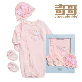 【奇哥】Chic a Bon 粉嫩貓咪妙妙裝/連身衣4件組禮盒 3-6個月(妙妙裝+帽子+手套+腳套 彌月禮)