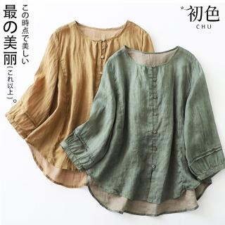 【初色】民族風圓領純色中大碼七分袖襯衫上衣-共2色-30148(M-2XL可選)