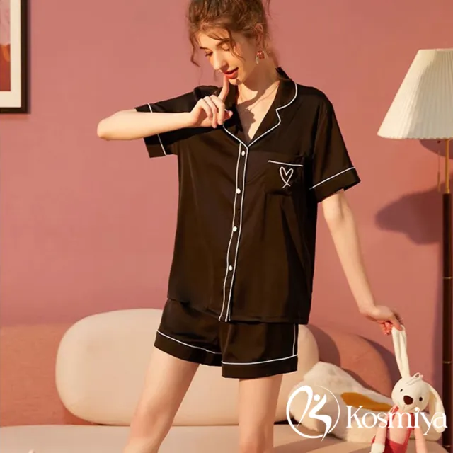 【Kosmiya】1套 簡約輕奢緞面短袖睡衣褲/寬鬆睡衣/居家服/涼感睡衣/冰涼睡衣/居家套裝(4色可選/M-2XL)