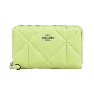 【COACH】COACH銀字LOGO小牛皮蓬鬆鑽石絎縫設計拉鍊中夾(淺檸檬綠)