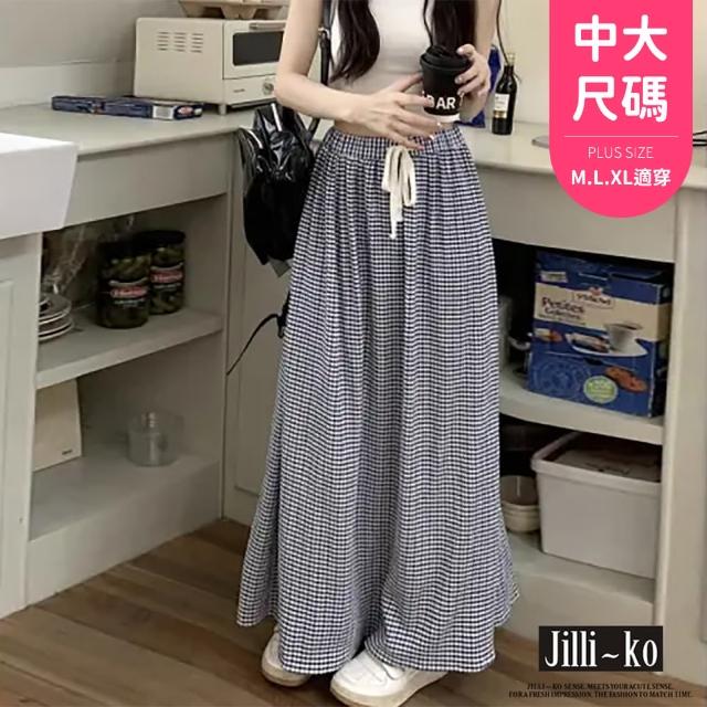 【JILLI-KO】鬆緊高腰垂墜格紋綁帶休閒長裙-F(藍)