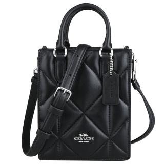 【COACH】NORTH金屬標誌菱格紋全皮手提斜背兩用包(MINI/黑x銀)