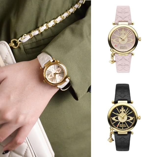【Vivienne Westwood】金框 皮革錶帶 小裝飾設計 小錶盤 女錶 手錶 32mm 母親節(共3款)