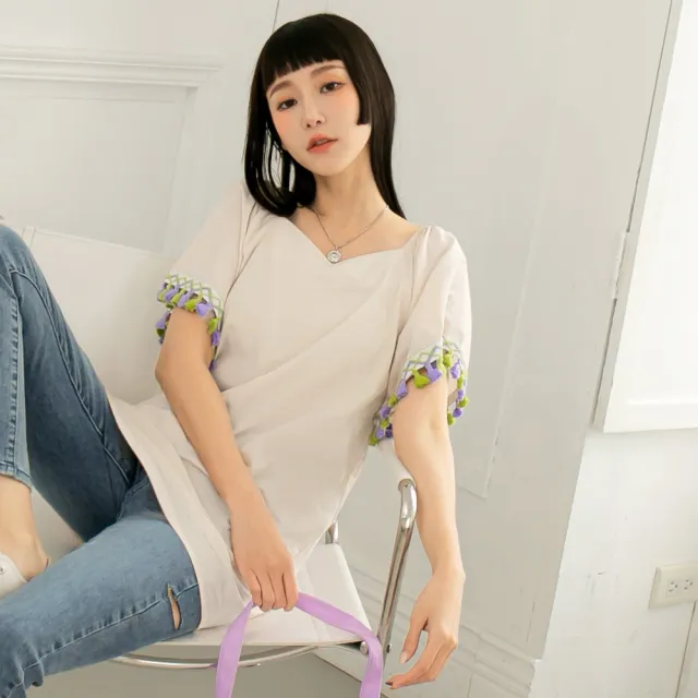 【OB 嚴選】高含棉長版彩色刺繡流蘇短袖上衣 《AB15530》