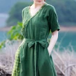 【ACheter】綠色V領斜襟格紋拼接復古文藝短袖棉麻連身裙長版洋裝#119052(綠)