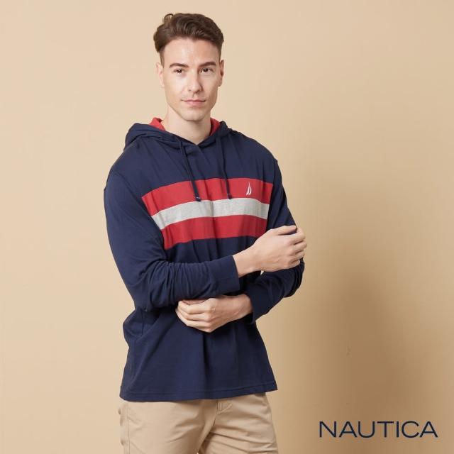 【NAUTICA】男裝 撞色拼接長袖連帽T恤(深藍)