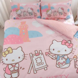 【戀家小舖】50%天絲枕套兩用被套床包四件組/正版卡通授權-雙人(Hello Kitty 風景繪)