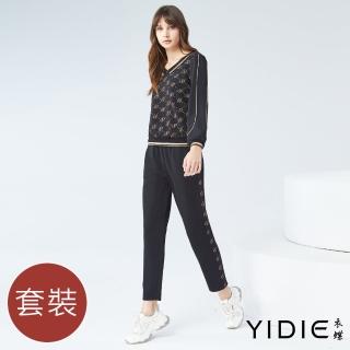 【YIDIE 衣蝶】V領拼接異材質印花休閒套裝-黑(上下身分開販售)