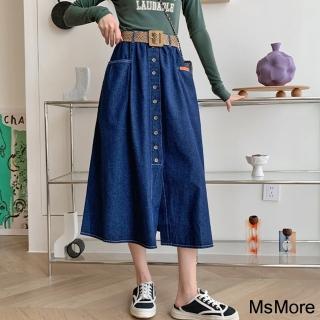 【MsMore】秋冬新品超瘦百搭鬆緊高腰附皮帶單排扣牛仔長裙#113580現貨+預購(藍色)