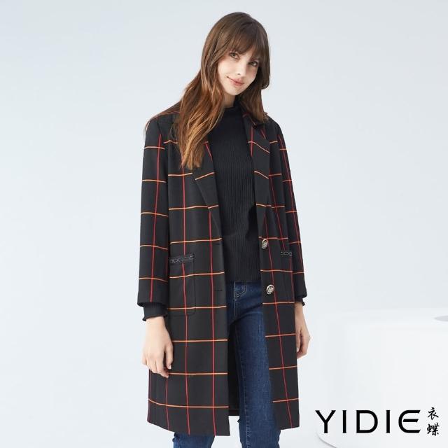 【YIDIE 衣蝶】格紋雙釦西裝翻領大衣外套-黑