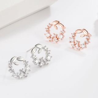 【Emi 艾迷】清新杏葉花環微鑲鋯石925銀針耳環