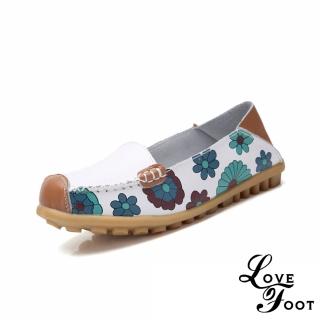 【LOVE FOOT 樂芙】真皮豆豆鞋 兩穿豆豆鞋/真皮印花兩穿法舒適淺口懶人豆豆鞋(白)